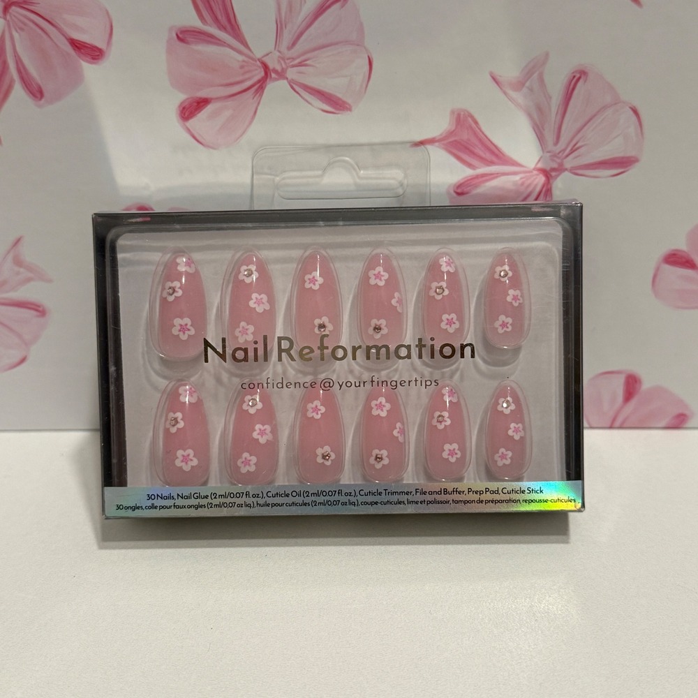 Nail Reformation Pink Floral Cherry Blossom‎ Almond Press On Nail Kit 30 Count